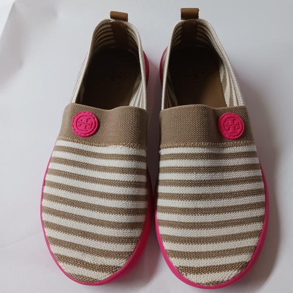 Tory Burch Shoes - TORY BURCH Micah Striped Khaki/Ivory/Hot Pink Size 5 Slip On Shoe Casual